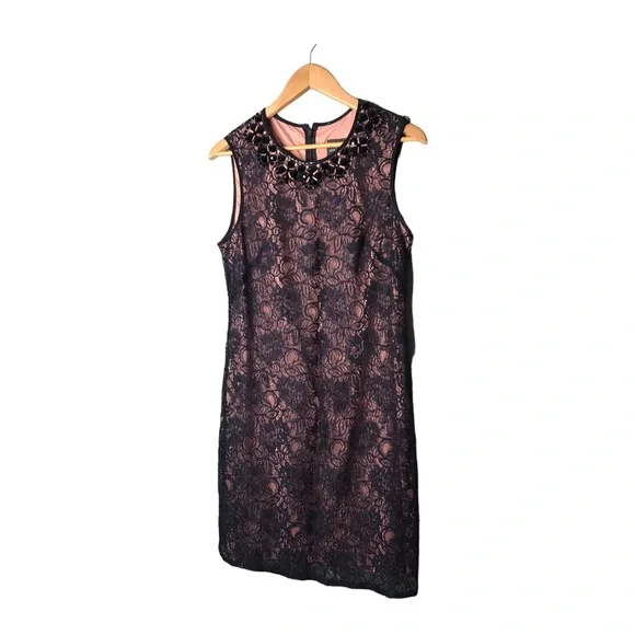 Adrianne Papell | Blue lace sleeveless midi dress pink lining beaded detail • - Picture 5 of 8